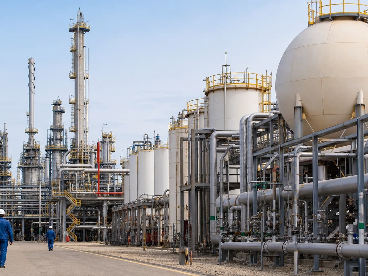 Petrochemical manufacturing facility with storage tanks and pipework