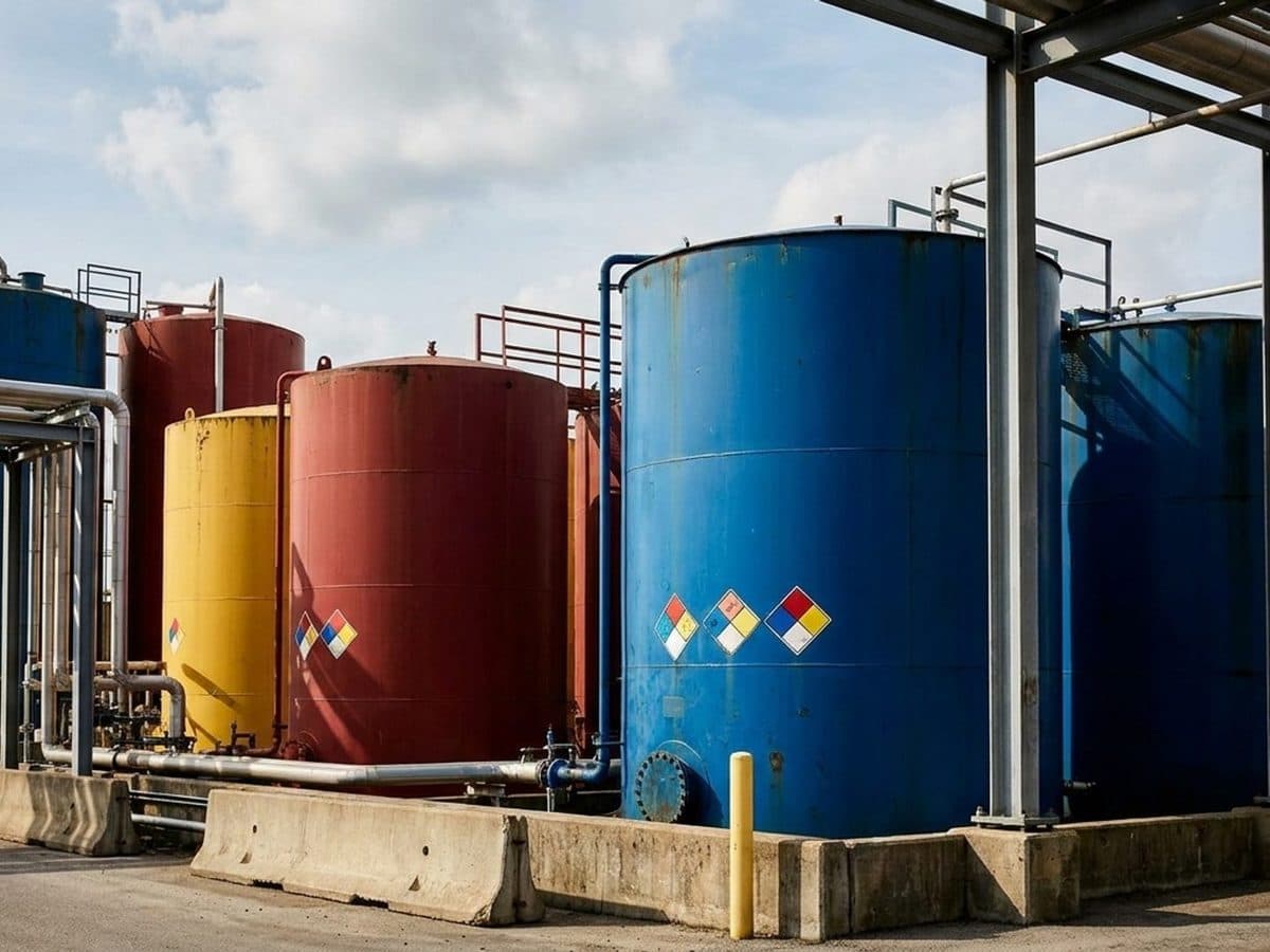 Chemical storage tanks at an industrial site