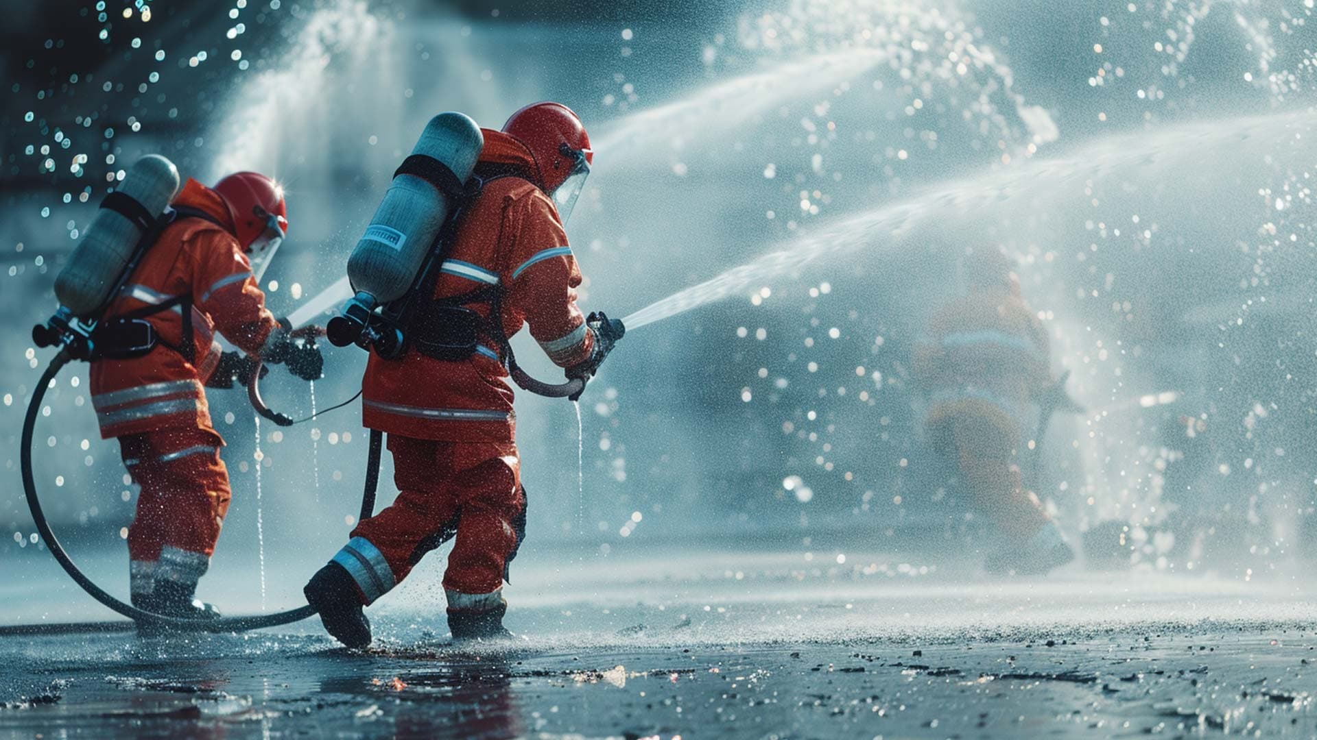 Firefighters spraying foam