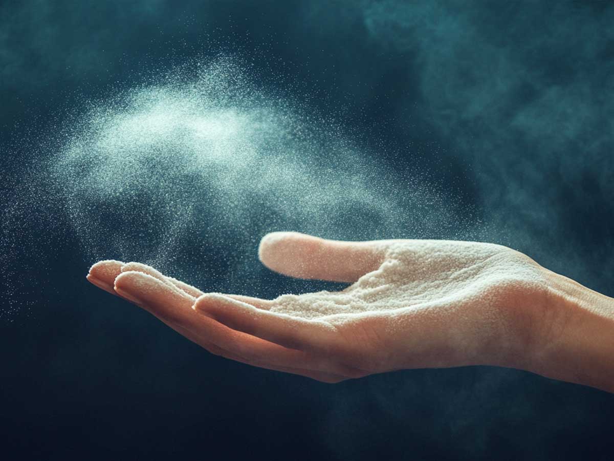 Woman putting talc on hand